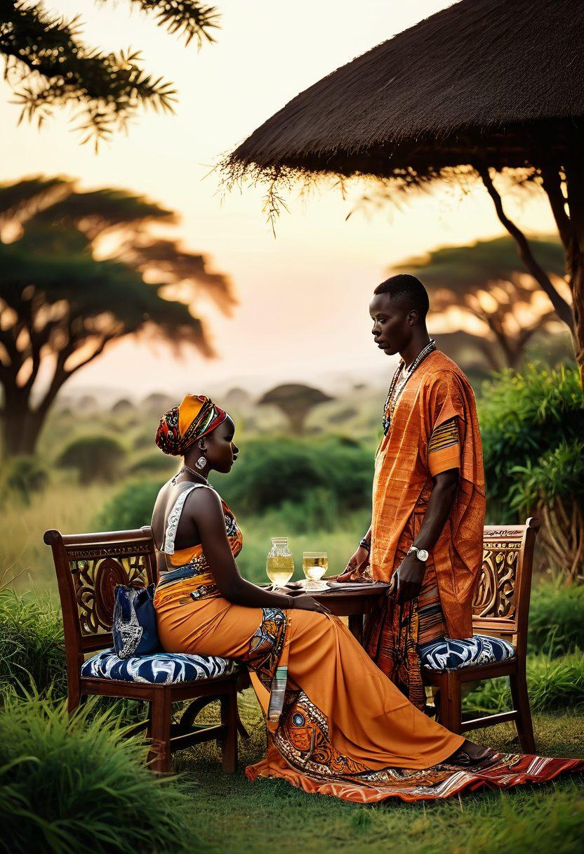 A serene Kenyan landscape at sunset, featuring diverse couples engaged in intimate conversations, surrounded by vibrant traditional decor and symbols of sexual wellness. Include a setting with lush greenery and influences of Kenyan culture, such as patterns or textiles in the background. The atmosphere should feel warm and inviting, evoking a sense of connection and understanding. soft-focus. warm tones. painting.