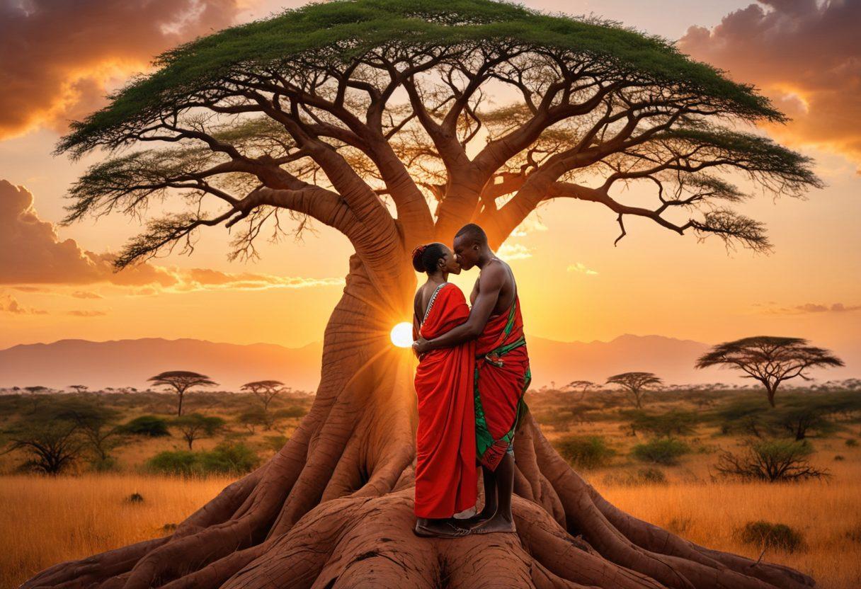 A striking collage depicting the essence of intimacy and wellness in Kenyan adult content, featuring vibrant colors, traditional Maasai patterns intertwined with modern symbols of love and connection, and serene landscapes showcasing the beauty of Kenya. Include diverse couples embracing, natural elements like baobab trees, and hints of wellness activities like yoga or meditation. super-realistic. vibrant colors.